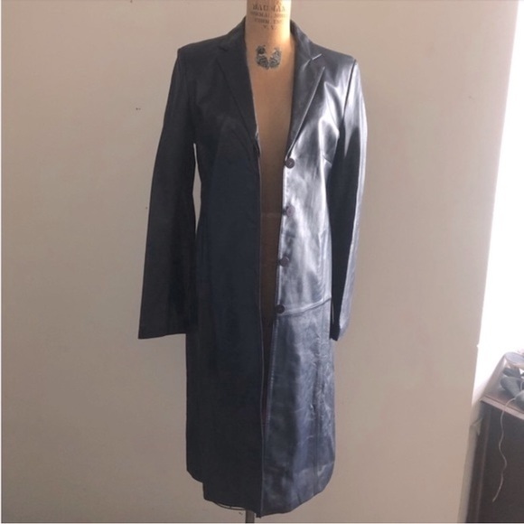 ISOFACE] Sheepskin Leather Navy Blue Tailor collar Single buttondown Long Coat - Picture 2 of 11